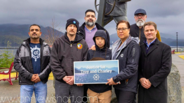 A gathering was held at Mariners Park in Prince Rupert to commemorate Troy Pearson and Charley Cragg's lives and advocate for better safety regulations for workers on commercial vessels on the coast.