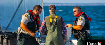 DFO officers performing compliance checks on the water to remind harvesters of the importance of following regulations and licence conditions, and to educate on marine mammal regulations. While electronic monitoring and digital systems are essential for DFO work, having a presence on the waters is just as important.