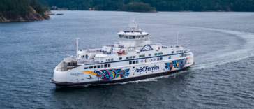 The Salish Heron is the newest ferry in the BC Ferries fleet. The artwork on the sides is by Coast Salish artist Maynard Johnny Jr. This vessel is part of the Salish class fleet, which honours the Coast Salish people as the traditional stewards and original mariners of the Salish Sea. With a capacity for 138 vehicles and 600 passengers/crew, the Salish Heron boasts a quiet operation and smooth sailing experience for passengers while being environmentally friendly with its low hydrodynamic resistance and small wake.