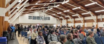 People gathered at the community information session on the proposed Ksi Lisims LNG Terminal in the Nass estuary, hosted by the Anspayaxw Band and Kispiox Valley Community Association.