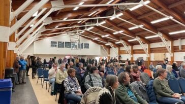 People gathered at the community information session on the proposed Ksi Lisims LNG Terminal in the Nass estuary, hosted by the Anspayaxw Band and Kispiox Valley Community Association.