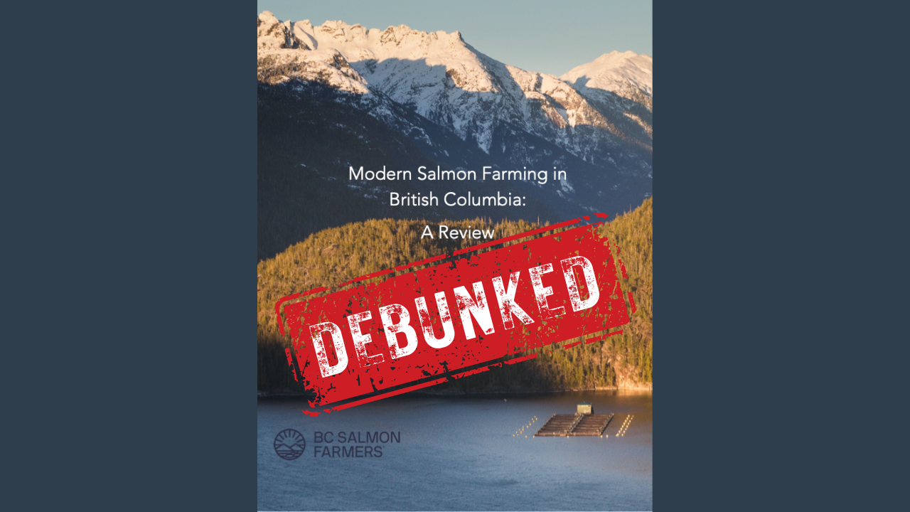 The front page of a report titled "Modern Salmon Farming in British Columbia" by the BC Salmon Farmers Association, with a big red stamp "DEBUNKED" edited on it