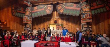 The Kitasoo Xai’xais First Nation elected and hereditary leadership in their government building.
