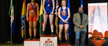Sara McPhail on the first place podium at the 2024 Canadian Wrestling Championships in Toronto