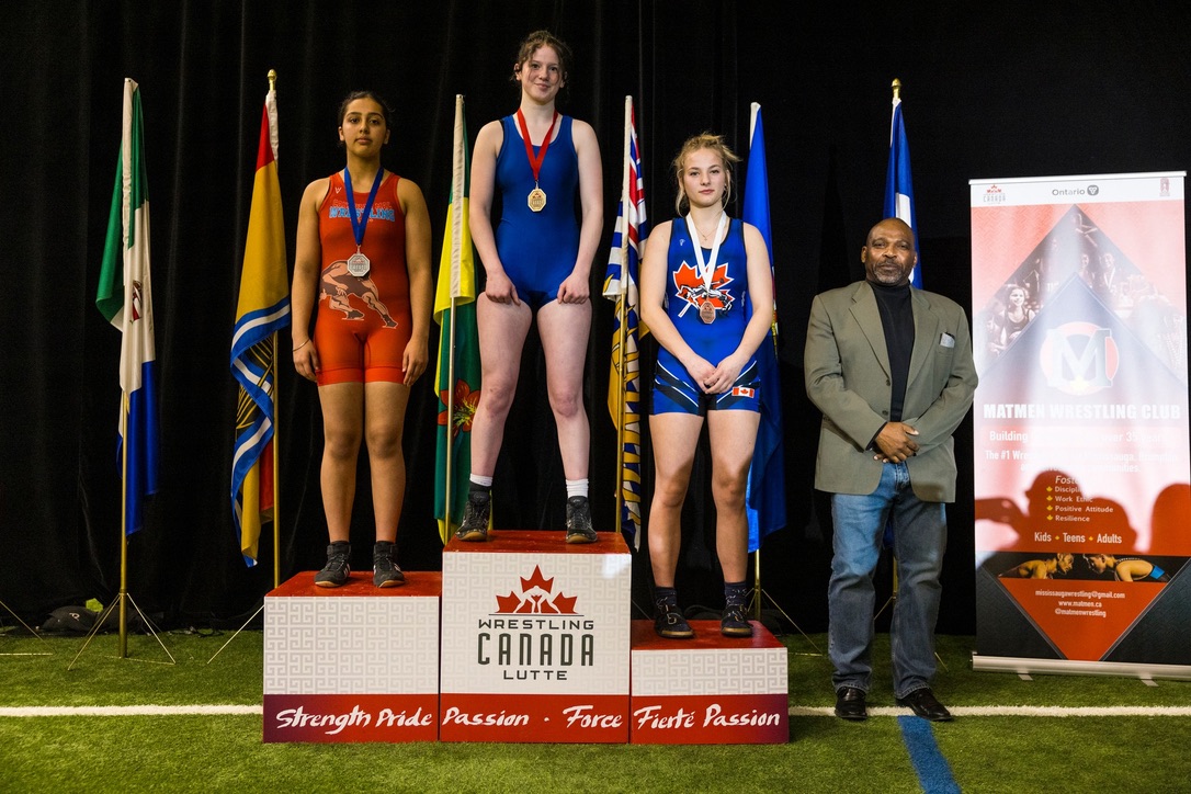 Sara McPhail on the first place podium at the 2024 Canadian Wrestling Championships in Toronto