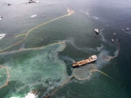 An aerial view of the Nathan E. Stewart oil spill and cleanup