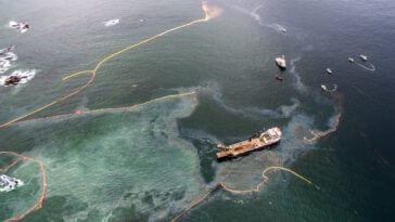 An aerial view of the Nathan E. Stewart oil spill and cleanup