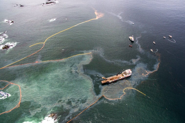 An aerial view of the Nathan E. Stewart oil spill and cleanup