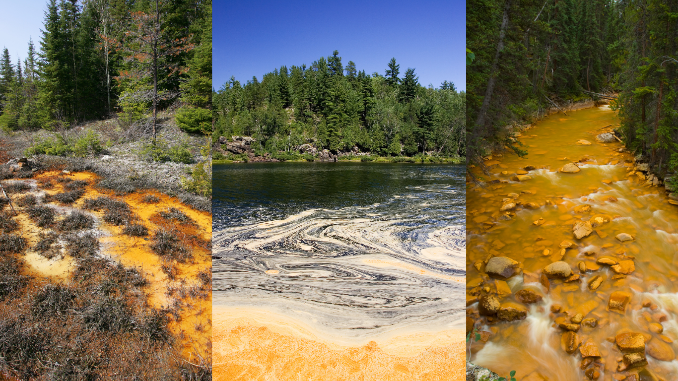 three vertical images showing forested river landscapes that have been polluted with yellow mine tailings suspended in the water