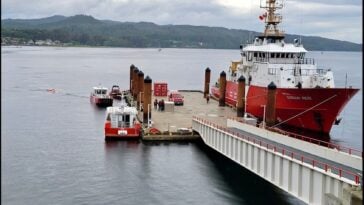 A red Canadian Coast Guard vessel reloading at a dock