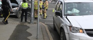 Two vehicles sustain damages in a 2024 car accident in downtown Prince Rupert.